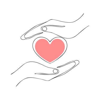 Elegant, continuous line art vector illustration featuring two hands gently surrounding a pink heart. This minimalist design symbolizes love, protection, health, charity and emotional wellbeing.