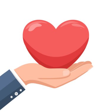 A vibrant vector illustration of an open hand (palm up) in a professional suit sleeve offering a red heart. This powerful symbol conveys love, health and medical care, charitable donation