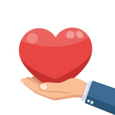 İş elbisesinin kolunda canlı kırmızı bir kalp tutan bir elin net vektör çizimi. Bu evrensel sembol sevgi, yardım, sağlık ve tıbbi bakım, bağış ve desteği temsil eder..