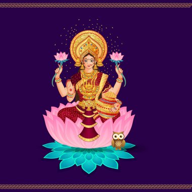 Tanrıça Lakshmi 'nin çarpıcı vektörü pembe ve mavi nilüfer çiçeğinin üzerine oturmuş, elinde altın sikke ve nilüferlerle, vajinasıyla, baykuşuyla. Diwali ve Dhanteras için ideal, zenginliği ve refahı simgeliyor..