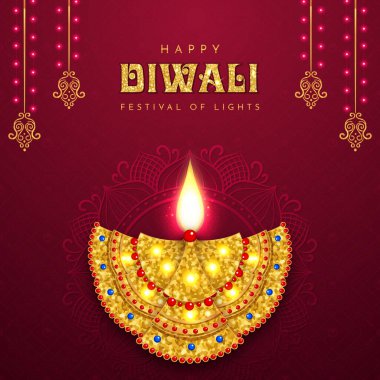 Şatafatlı Happy Diwali vektörü Süslü, parlak mücevherlerle parıldayan altın Diya lambası zengin kestane rengi arka plan ve ince Mandala. Refah ve mutluluğu simgeler.