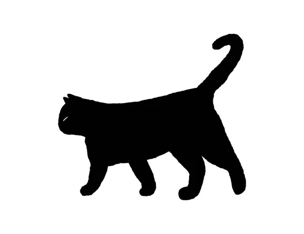 Caminhando Gato Preto Mão Silhueta Desenhada Sobre Fundo Branco Ilustração — Vetor de Stock