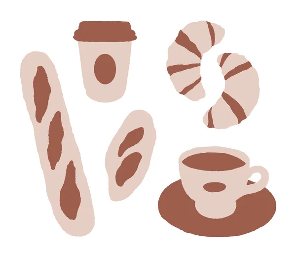 Bröd Croissanter Och Kaffe Caféet Klart Handritad Vektor Illustration Isolerad — Stock vektor