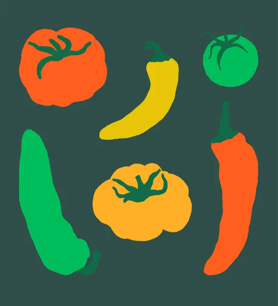 Tomat Och Peppar Illustration Uppsättning Handritade Platta Vektorgrönsaker Affisch För — Stock vektor