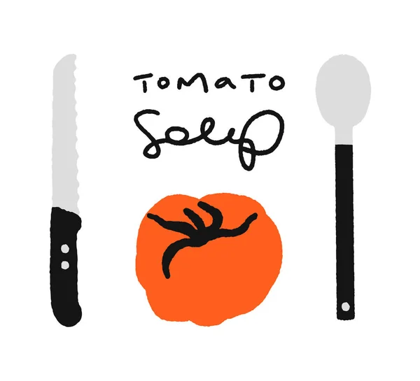 Tomato Knife Spoon Handwritten Text Kitchen Cooking Hand Drawn Motif — Stock Vector