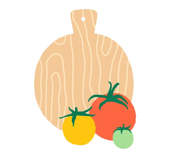 Tomater Och Träskärbräda Färgglada Handritade Tomater Platt Vektor Illustration Isolerad — Stock vektor