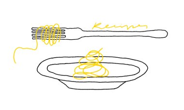 Çatal ve tabak, beyaz arka planda spagetti çizgisi resmi. Makarna yeme süreci. Spagetti tarifleri. Aşçılık projesi, restoran menüsü, mutfak dekorasyonu için akıcı çizgileri olan oyuncu yemek çizimleri