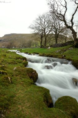 Dağların arka planında küçük bir şelale ile hızlı, kayalık bir nehir.