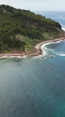 Kuzey İspanya 'daki Atlantik Okyanusu' ndaki hava görüntülerinde dalgalar kırılıyor ve arkasında harika bir orman var. Yüksek kaliteli FullHD görüntüler