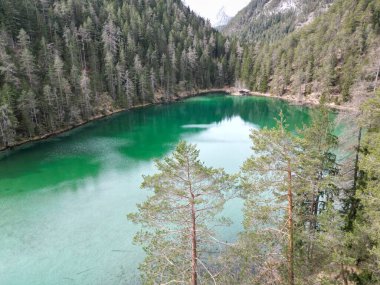 Mittersee Almanya Droneshot ve Yeşil Turkuaz Suyu. Etrafında Lake and Forest 'ın sonunda küçük bir ev. Yüksek kalite fotoğraf