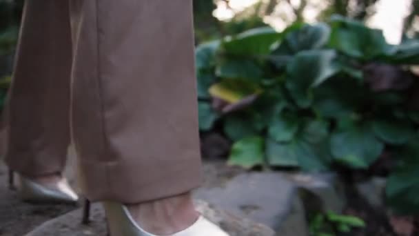 Parkta Yürüyen Bir Kadın Ayakkabılara Yakın Çekim Yol Boyunca Çakıl — Stok video