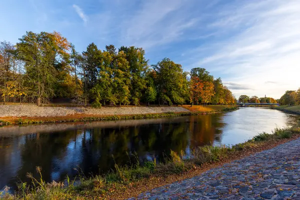 Sonbahar manzarası. Nehir, ağaçlar, nehir yaprakları, güzel bir sonbahar günü, parkta yürüyüş..