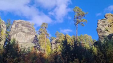 Güzel renkli ağaçları olan bir rock şehri manzarası.