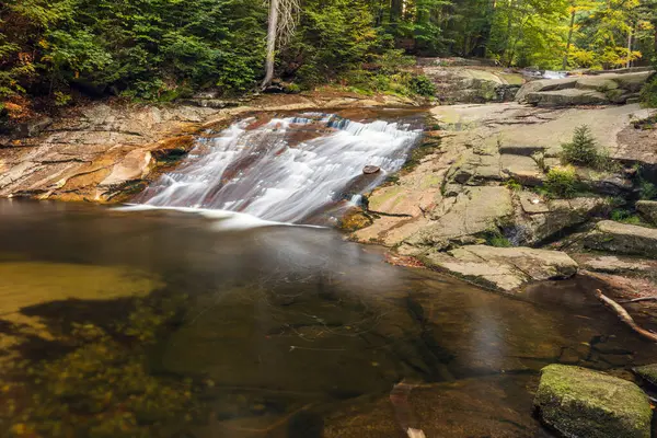 Düşen yapraklar ve şelalelerle sonbahar ormanı deresi, Dev Dağlar, Çek Dağları.