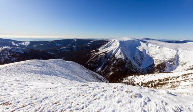 Kar ve açık mavi gökyüzü ile kış dağı manzarası. Panoramik manzara. Dev dağlar..