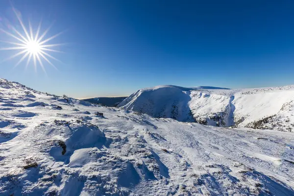 Kış dağları karla kaplı ağaçlar ve güneşli mavi gökyüzü, dev dağlar..