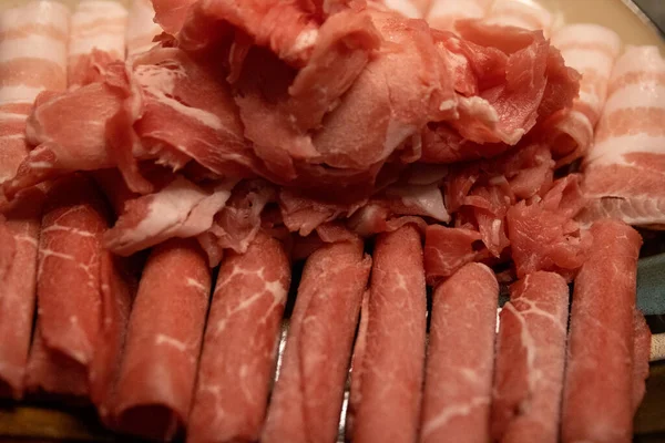 Vlees Klaar Voor Shabu Shabu Worden Gekookt — Stockfoto