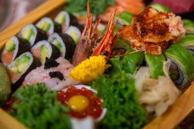 Japanese Sushi Boat will with a variety of sush clipart