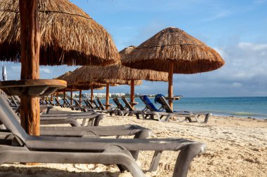 Boş Palapa Plaj Sandalyeleri Meksika 'da bir tatil köyünde