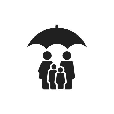 Düz bir şekilde şemsiye altında aile. Beyaz izole edilmiş arka planda aile koruma vektörü çizimi. Aile sigortası konsepti.