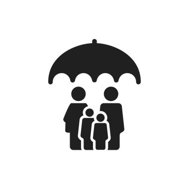 Düz bir şekilde şemsiye altında aile. Beyaz izole edilmiş arka planda aile koruma vektörü çizimi. Aile sigortası konsepti.