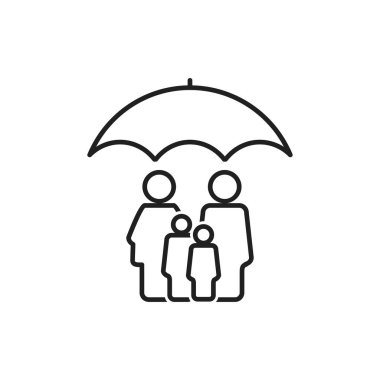Düz bir şekilde şemsiye altında aile. Beyaz izole edilmiş arka planda aile koruma vektörü çizimi. Aile sigortası konsepti.