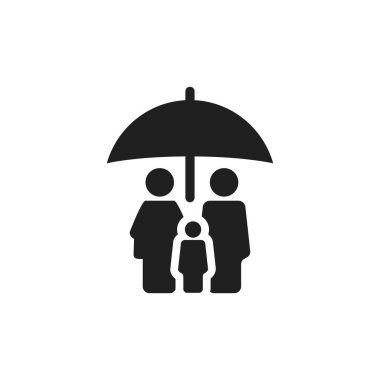 Düz bir şekilde şemsiye altında aile. Beyaz izole edilmiş arka planda aile koruma vektörü çizimi. Aile sigortası konsepti.