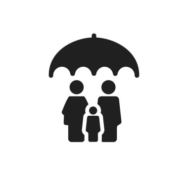 Düz bir şekilde şemsiye altında aile. Beyaz izole edilmiş arka planda aile koruma vektörü çizimi. Aile sigortası konsepti.