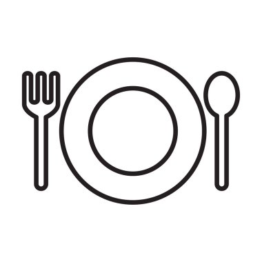 Tabak, çatal ve kaşık ikonu. Çatal bıçak sembolü. Düz Vektör illüstrasyonu