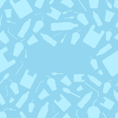 Plastiğe hayır de, dünyayı kurtar. Plastik çöp, şişe, bardak, pipet, kaşık ve torba açık mavi arka planda kusursuz desen. Plastik sorunu. Yeniden kullan, azalt, geri dönüştür.