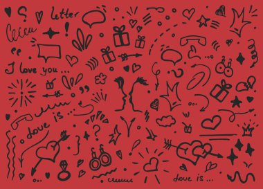 Doodle vektör çizimi - elle çizilmiş yarım yamalak sevgi ve kalp ayrıntıları. Kırmızı arkaplandaki dekorasyon için komik karalama vektör çizimi seti. ögeler nesneler ve simgeler