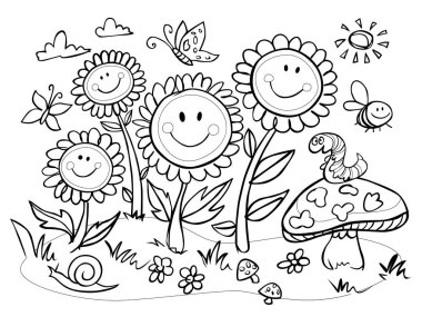 Şirin siyah-beyaz çizgiler. Mutlu arsız gülen çiçekler. Mantar resimli yatay. Çocuklar için harika bir boyama sayfası. Gülen el çizilmiş ayçiçekleri.