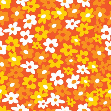 Portakal rengi şirin, saf, arsız papatya çiçekleri kusursuz desenli çocuksu dekoratif arka plan. Tekstil, hediye paketi ve duvar kağıdı için uygun. Yüzey deseni tasarımı.