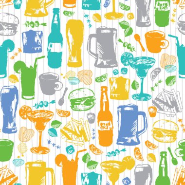 Eğlenceli kokteyller, alkollü içecekler ve kusursuz yemekler. Tekstil, gece kulübü menüsü ve duvar kağıdı için uygun. Yüzey deseni tasarımı.