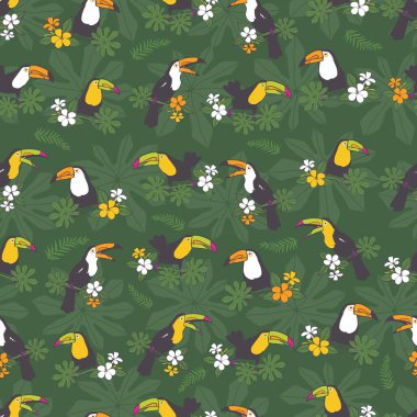 Vektör koyu yeşil tropikal doğum günü partisi kusursuz desen. Tukan kuşlarıyla. Kumaş, hatıra defteri ve duvar kağıdı projeleri için mükemmel. Yüzey deseni tasarımı.