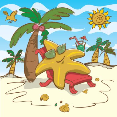 Vektör karikatür deniz yıldızı çizimi plajda dinleniyor. Güneş gözlükleriyle.