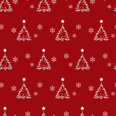 Vektör kırmızı monokrom küçük zarif, pırıl pırıl, pırıl bir yılbaşı ağacı yıldızlı ve kar taneleri pürüzsüz arka planlı. Tekstil, hediye paketi ve duvar kağıdı için uygun. Yüzey deseni tasarımı.
