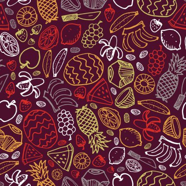 Vector koyu mor meyve el çizimi karalamalar ananas, karpuz, hurma, çilek, hindistan cevizi. Kumaş, hatıra defteri ve duvar kağıdı projeleri için mükemmel. Yüzey deseni tasarımı.
