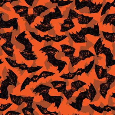 Vektör el turuncu Cadılar Bayramı yarasalarını çekti. Davetiye kartı, cadılar bayramı partisi posteri ya da hediye paketi için uygun. Yüzey deseni tasarımı.