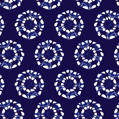 Vektör mavi shibori tek renkli sekizgen tekerlekler dikişsiz desen. Tekstil, hediye paketi ve duvar kağıdı için uygun. Yüzey deseni tasarımı.