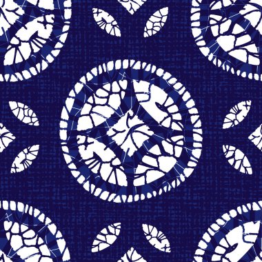 Vector blue shibori yorgan dairesel yuvarlak, kusursuz desen. Tekstil, hediye paketi ve duvar kağıdı için uygun. Yüzey deseni tasarımı.