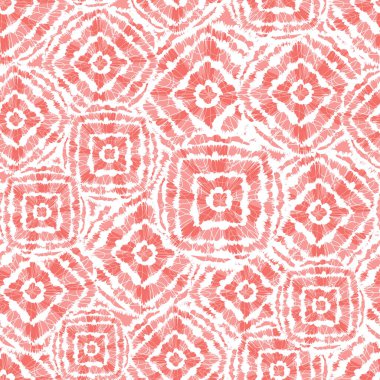 Vektör mercan pembe Shibori elması ve kareler üst üste biniyor. Tekstil, hediye paketi ve duvar kağıdı için uygun. Yüzey deseni tasarımı.