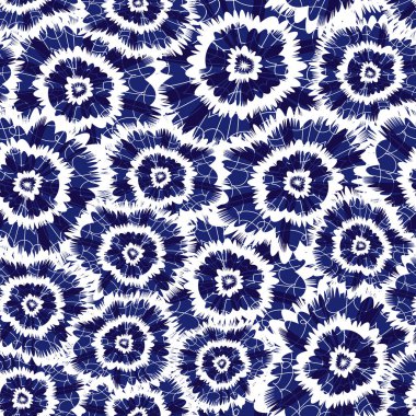 Vector blue indigo shibori halka çiçekleri soyut desen. Tekstil, hediye paketi ve duvar kağıdı için uygun. Yüzey deseni tasarımı.