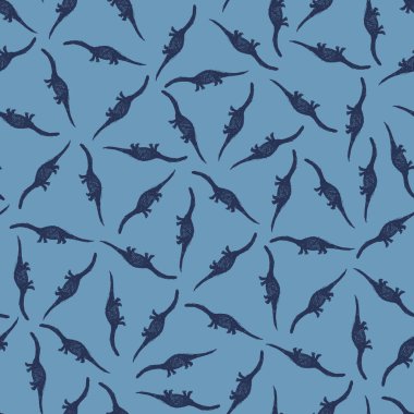 Mavi vektör, basit dinozor brontozoru dağınık desen. Tekstil, hediye paketi ve duvar kağıdı için mükemmel. Yüzey deseni tasarımı.