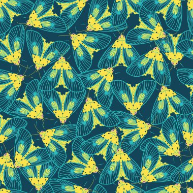 Detaylı kanatları olan mavi ve sarı güveler tekrar desenlerini çiziyor. Hediye paketi, tekstil ya da duvar kağıdı için uygun. Yüzey deseni tasarımı.