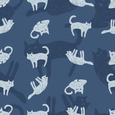 Vektör mavi tek renkli gizemli kedi kalem çizimi. Gölge arkaplanı olan dikişsiz desen. Kumaş, hatıra defteri ve duvar kağıdı projeleri için mükemmel. Yüzey deseni tasarımı.