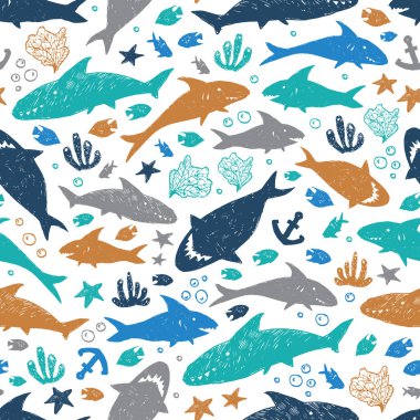 Vektör beyaz renkli şirin köpekbalığı kalem çizimi tekrarlanıyor. Kumaş, hatıra defteri ve duvar kağıdı projeleri için mükemmel. Yüzey deseni tasarımı.