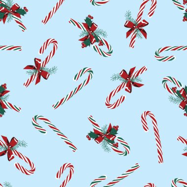 Kurdelelerle süslenmiş mavi şeker kamışı. Noel arkaplan desenli. Kumaş, hatıra defteri ve duvar kağıdı projeleri için mükemmel. Yüzey deseni tasarımı.