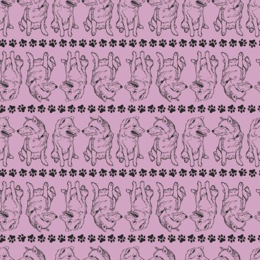 Vektör pembe shiba inu köpek yavrusu çizimleri tekrarla. Hediye paketi, tekstil ve duvar kağıdı için uygun. Yüzey deseni tasarımı.