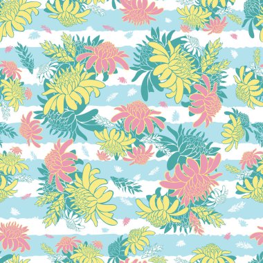 Renkli vektör pastel, tropikal meşaleli, kızıl ve mavi çizgili pürüzsüz desen. Tekstil, hediye paketi ve duvar kağıdı için uygun. Yüzey deseni tasarımı.